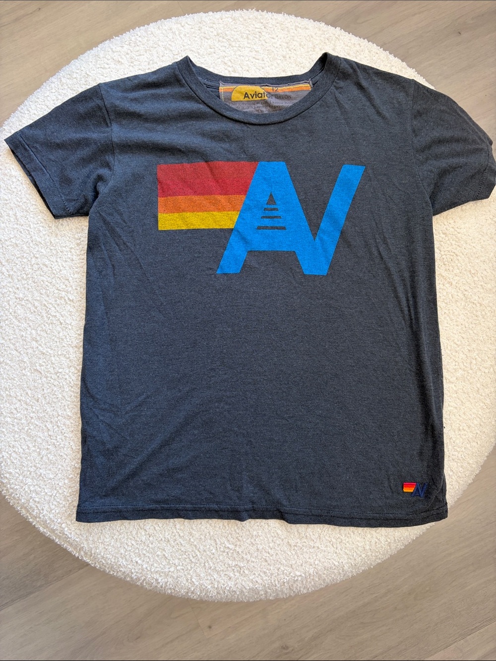 Aviator Nation Kids Charcoal Navy Tee with Blue 'A' and Red-Orange-Yellow Stripe